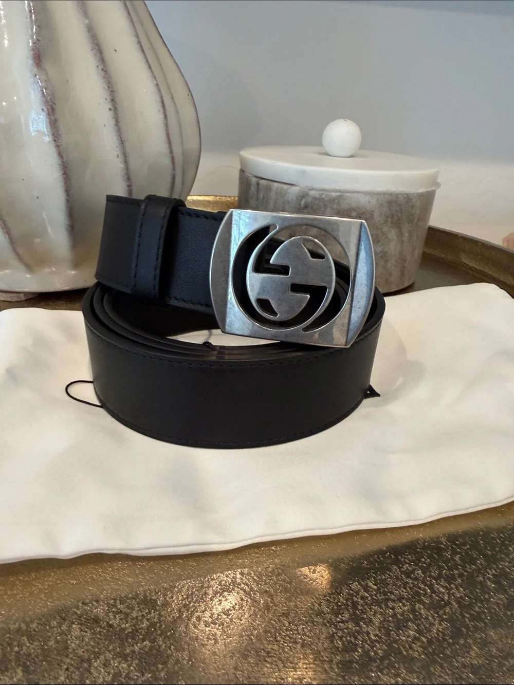 Auth New Men’s Gucci Black Leather Belt w/ Silver Interlocking GG Buckle 105-42